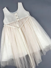 Load image into Gallery viewer, Dress 64 Girls Baptismal Christening Pale Dusty Rose Dress with Tail, Crochet Flowers and belt, matching Bolero and Hat. Made in Greece exclusively for Rosies Collections.
