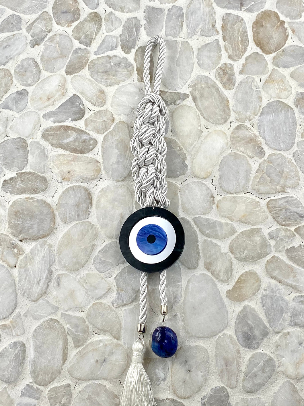 Gouri 20206 White Pearl Cord with large acrylic Evil Eye, tassel and large Marble Rock