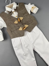 Load image into Gallery viewer, Rosies Collections 7pc full suit, Dress shirt trimmed  and cuff sleeves, Pants, Jacket with Matching Vest and wooden buttons, Belt or Suspenders, Cap. Made in Greece exclusively for Rosies Collections S20192
