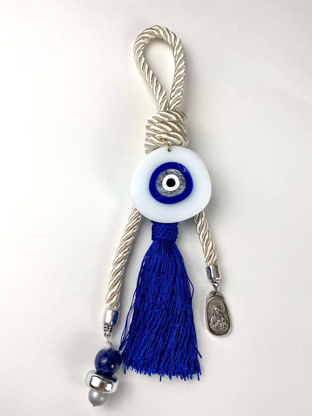 Gouri 1032 Pearl cord Gouri, acrylic Mati, Murano glass bead, Panagia, Ag. Christoforos pendant. 10” in length