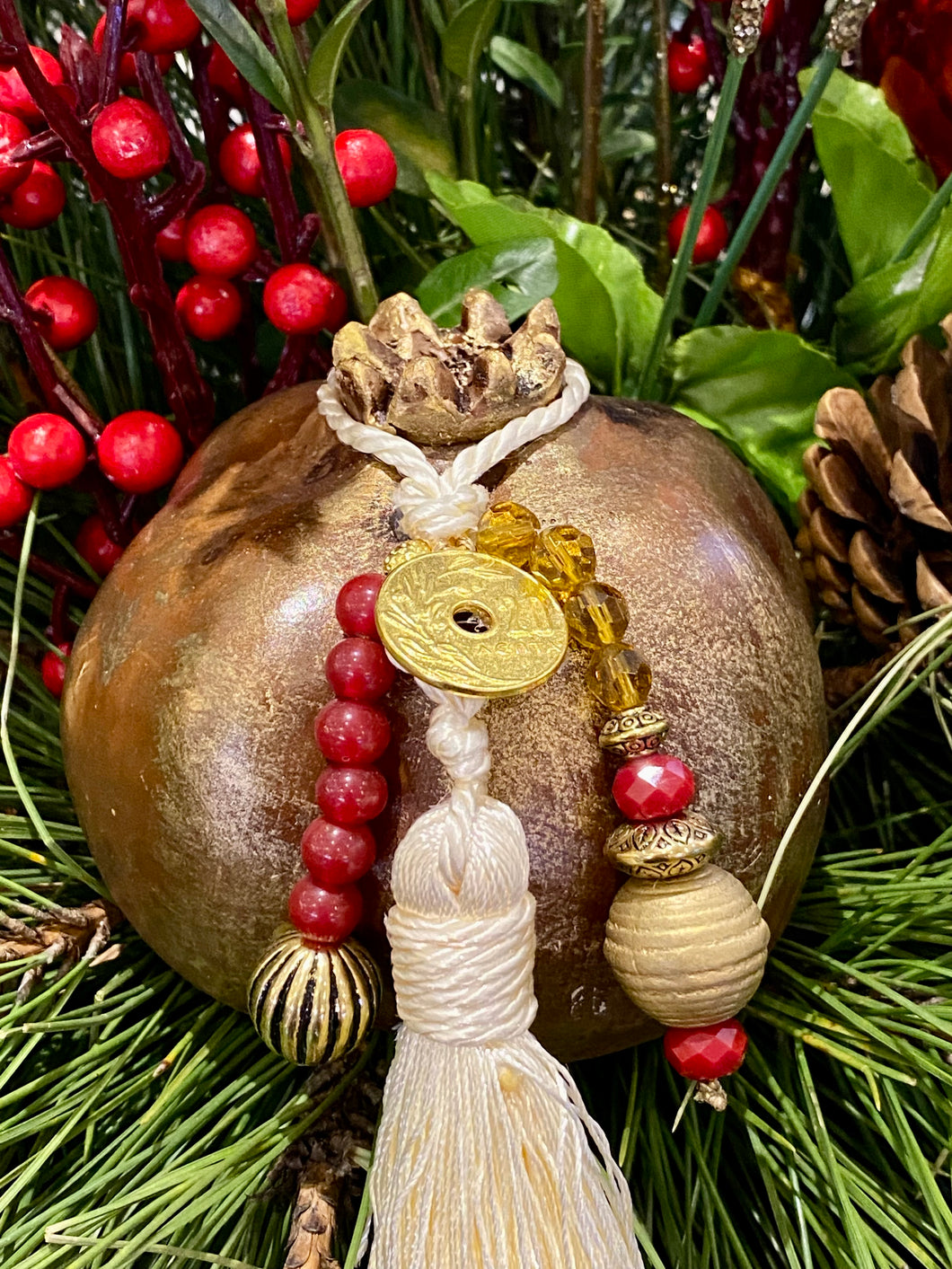 Large Ceramic Pomegranate with Greek Coin, Murano Beads and large tassel
