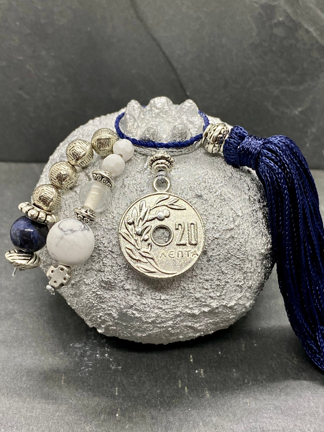 Two Tone White Silver Medium Size Ceramic Pomegranate with 20 Lepta Coin, Glass Beads and a large Tassel