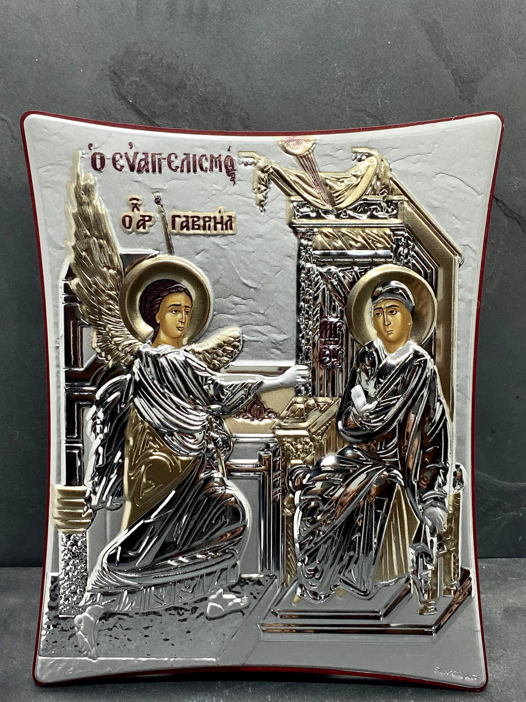 An original copy of Byzantine Holy Icon The Annunciation Tou Evanggelismou made with 925* Silver on Cherry Wood  SI12