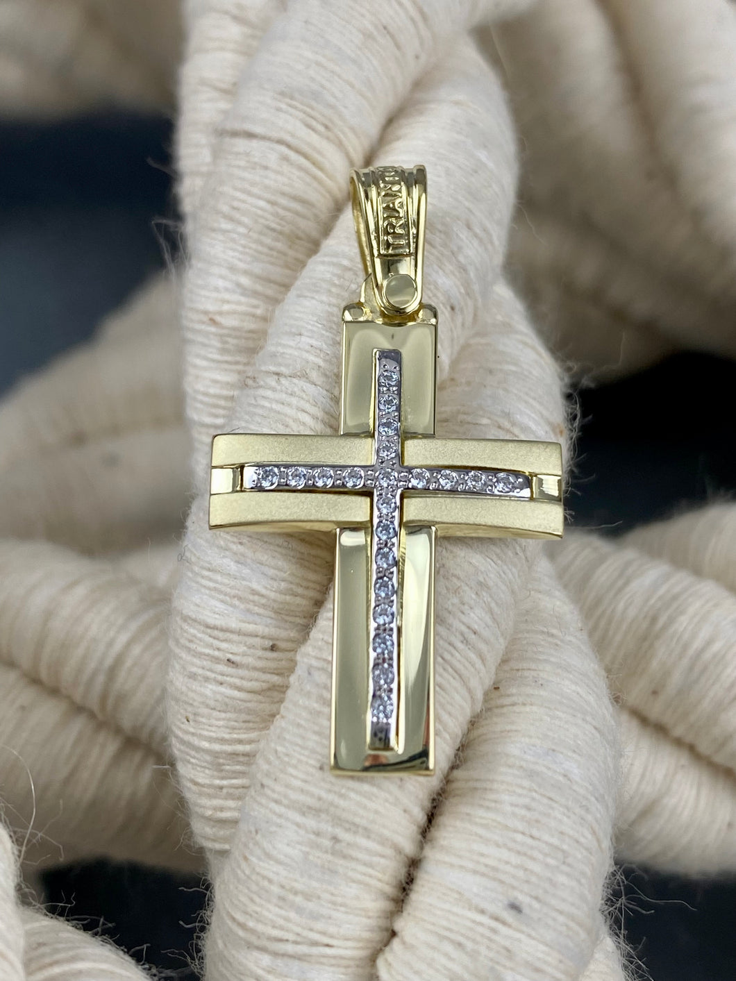 14k Triantos Yellow Gold Cross Polished and Brushed with Precious Stones. 22116