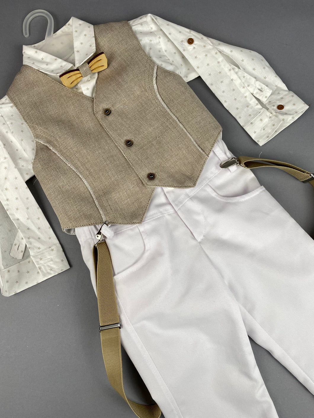 Rosies Collections 6pc Suit, Pants, Vest, Dress Shirt, Wooden Bow Tie, Suspenders and Fedora made in Greece,  exclusively for Rosies Collections. S202339