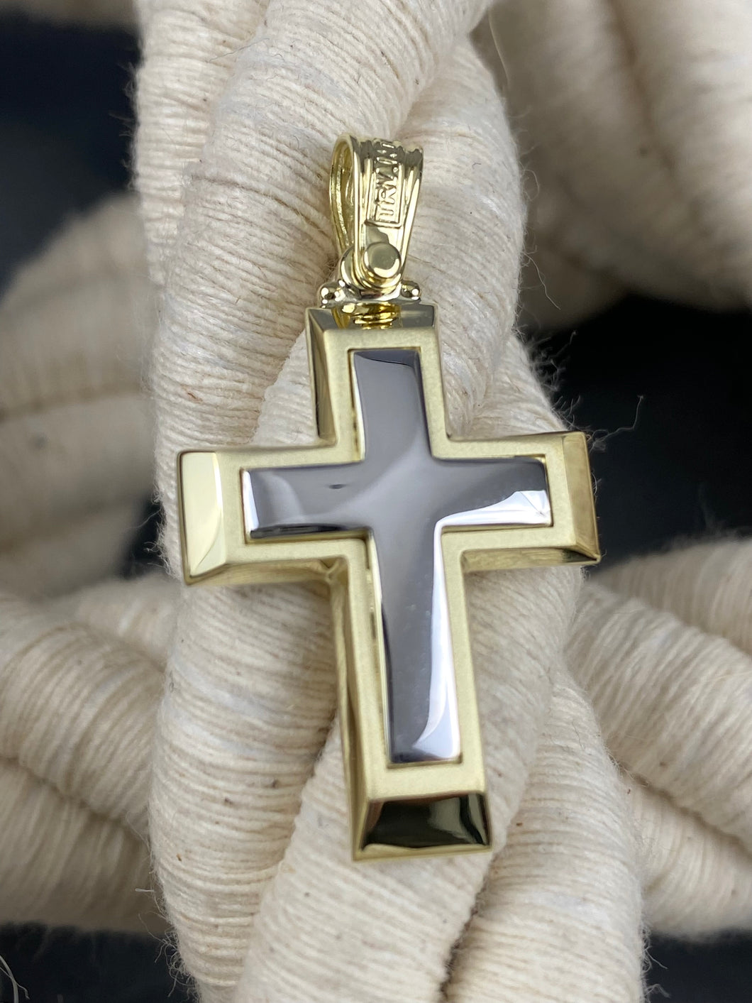 14k Triantos Yellow with White Gold Cross Polished and Brushed. 22107