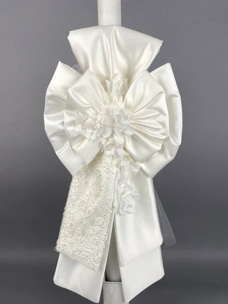 White Satin Double Bow 32” Baptismal Candle with Glitter Lace, Flowers and Pearls GC20226