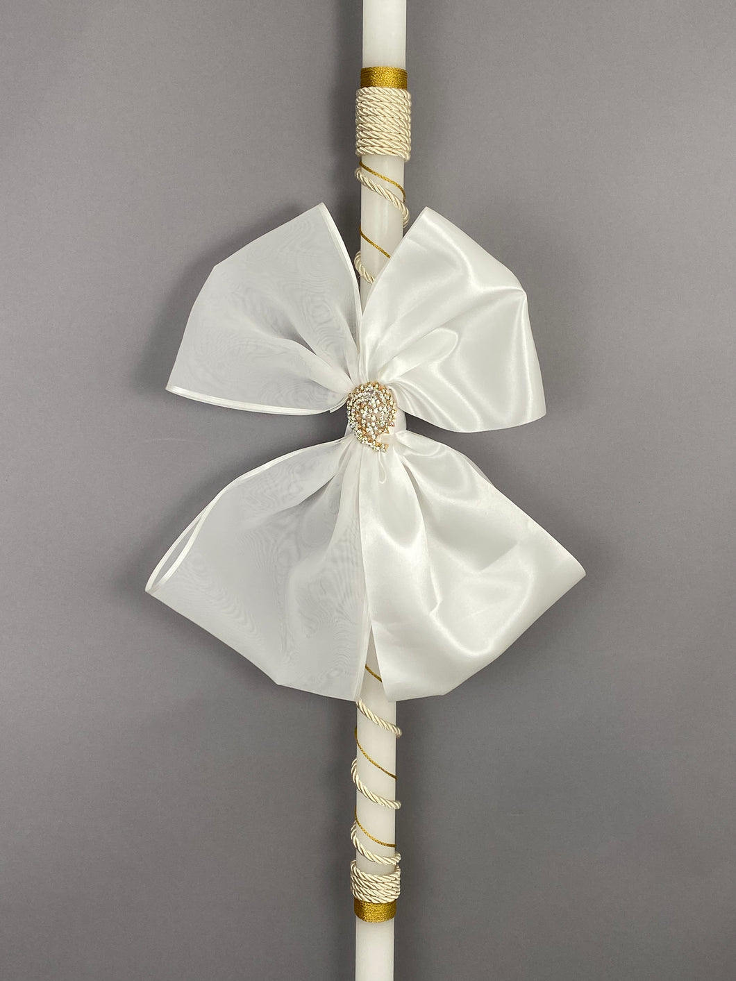 2 Decorated 4 Foot Wedding Candles with Cord, Gold  Wire and Broach W70137