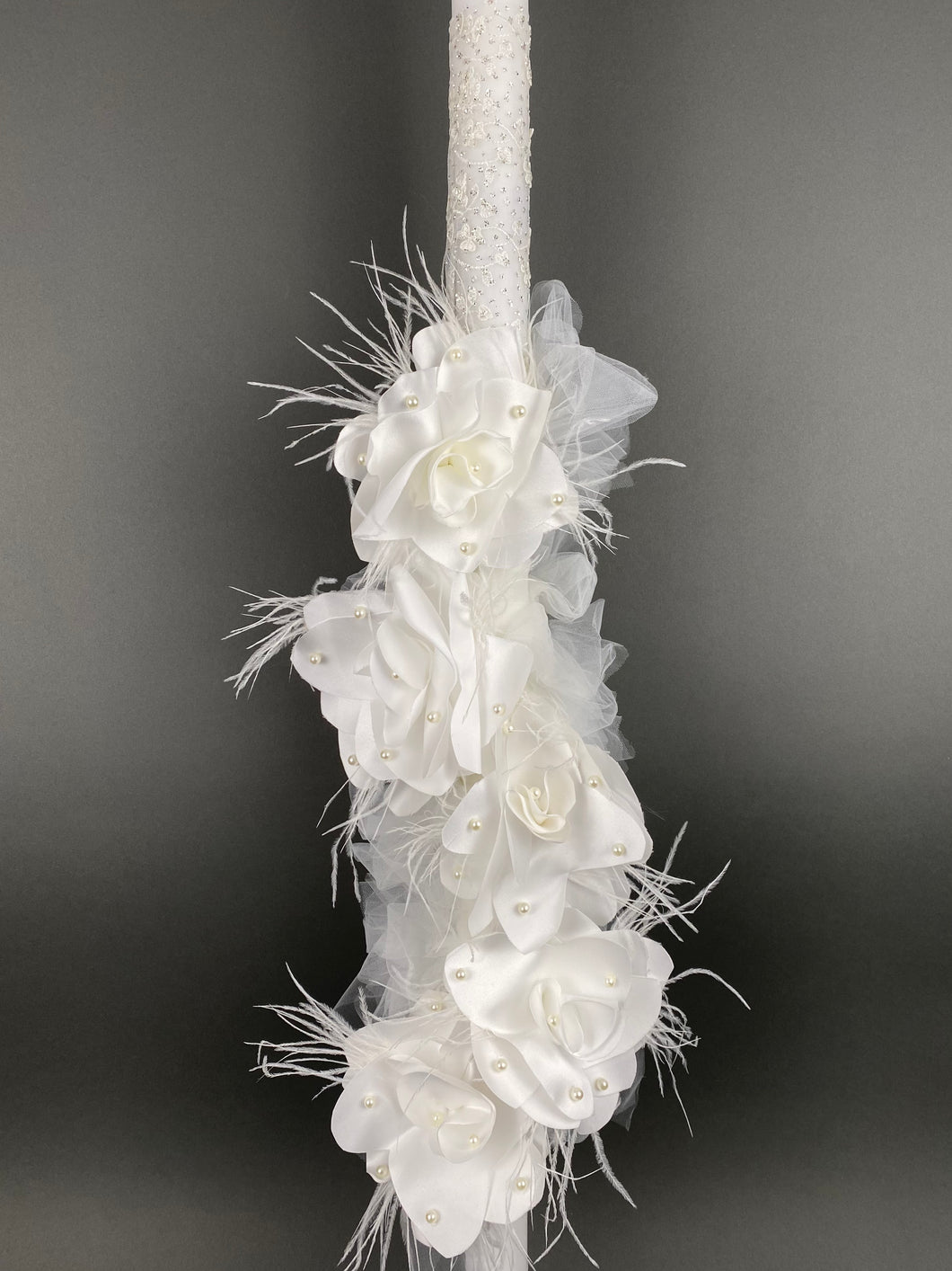 Glitter French Lace Wrapped 32” Baptismal Candle with White Flowers and Feathers GC202315