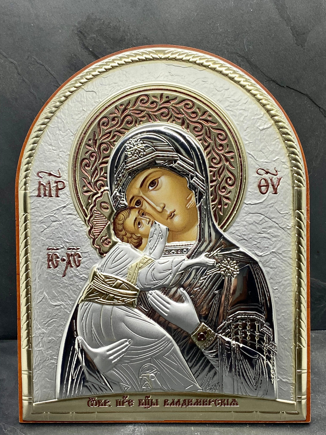 An original copy of Byzantine Holy Icon Vladimirka made with 925* Silver on Cherry Wood SI8