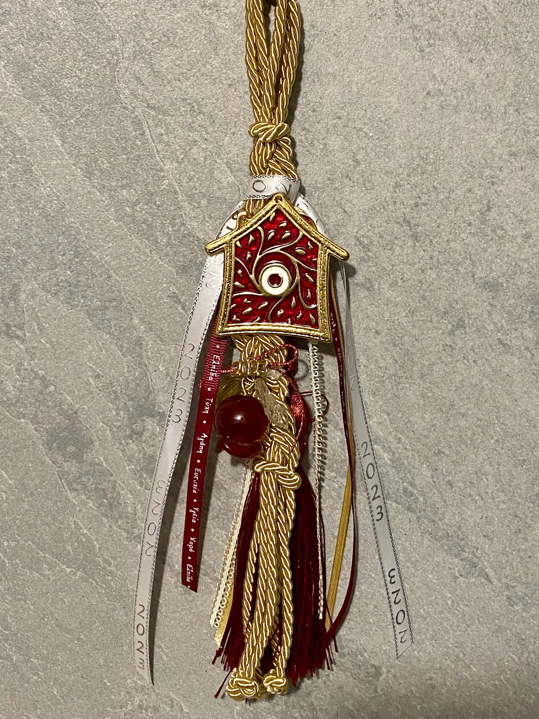 Metal House Mati Good Luck Gouri with Charms, Glass Pomegranate, Tassel and Greek Ribbons G233437