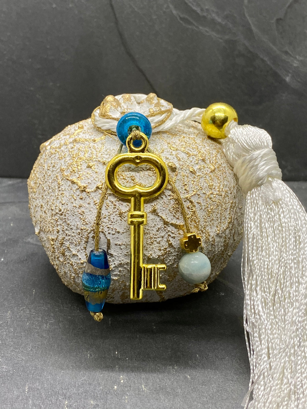 Two tone White Gold Medium Size Ceramic Pomegranate with Metal Key, Glass Beads and Large Tassel