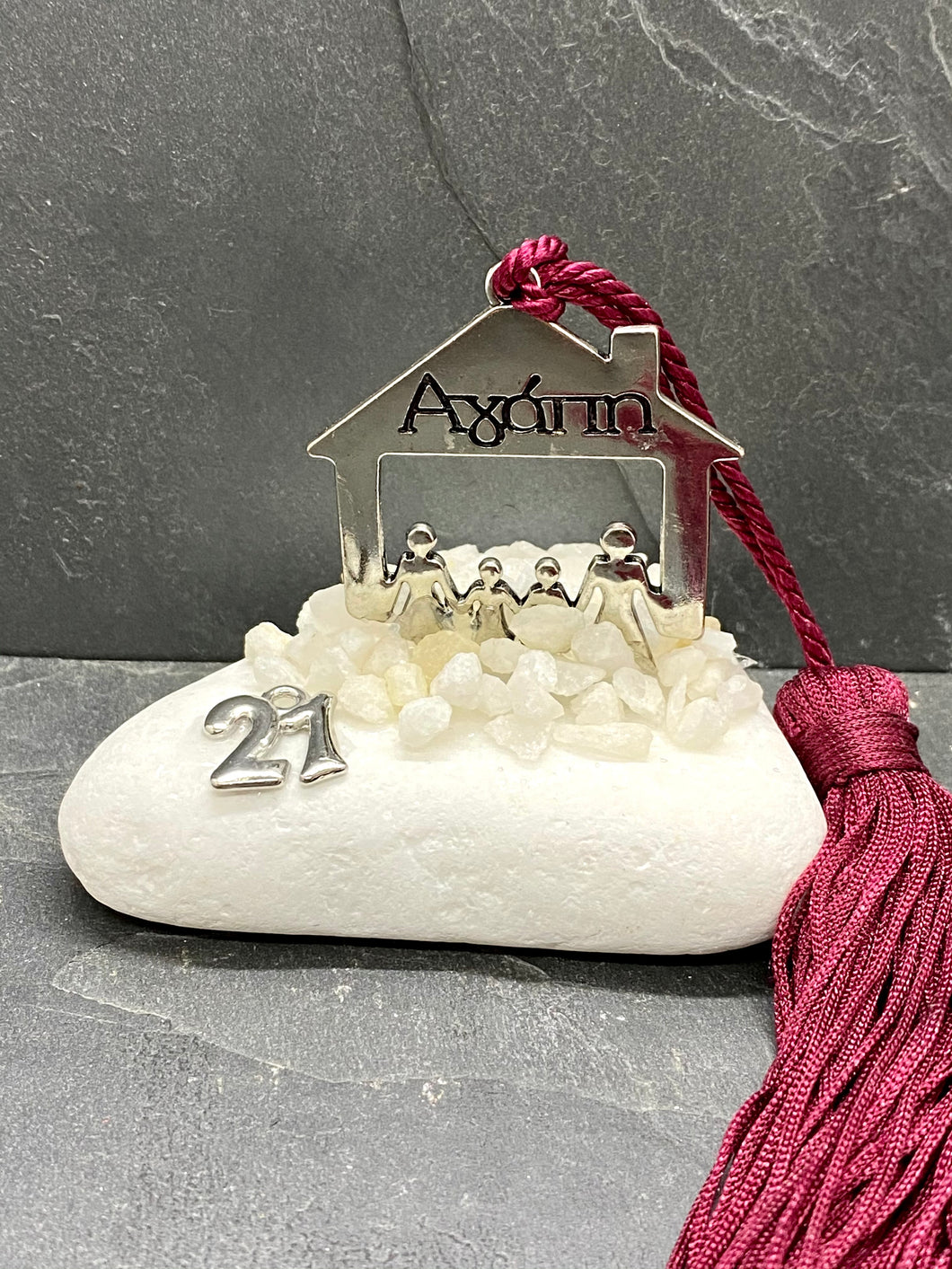 Table Top Silver Metal Family Home  on Marble with Marble Pebbles and Tassel