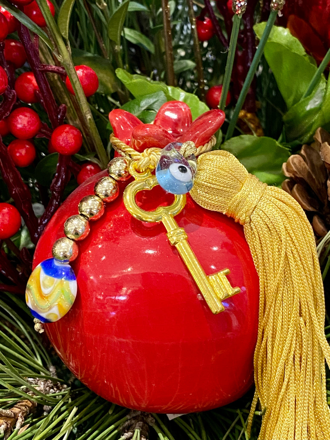 Ceramic Pomegranate with Key,  Murano Beads and large tassel