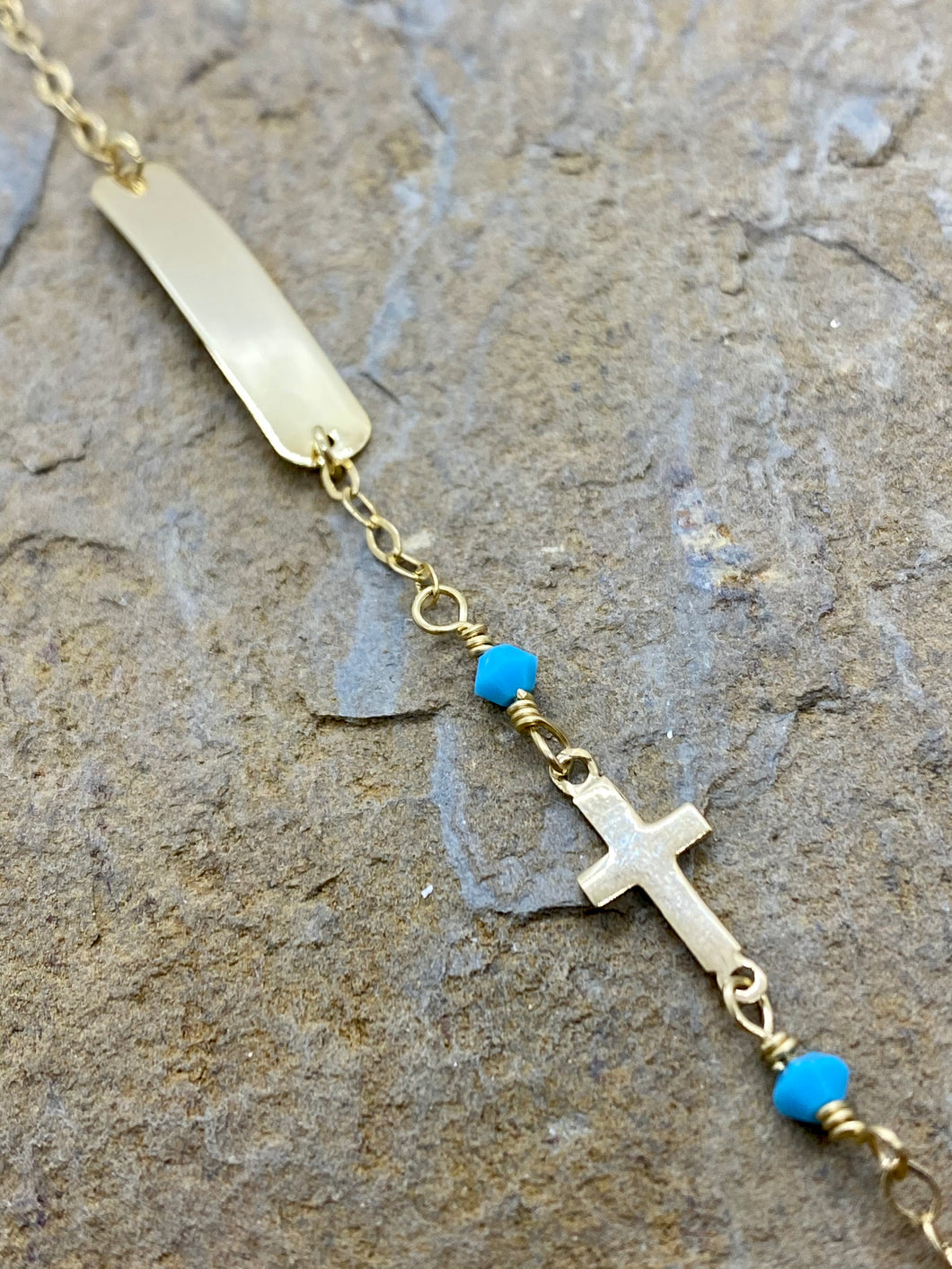 14k Gold I.D Bracelet with Cross and Light Blue Beads GCB1