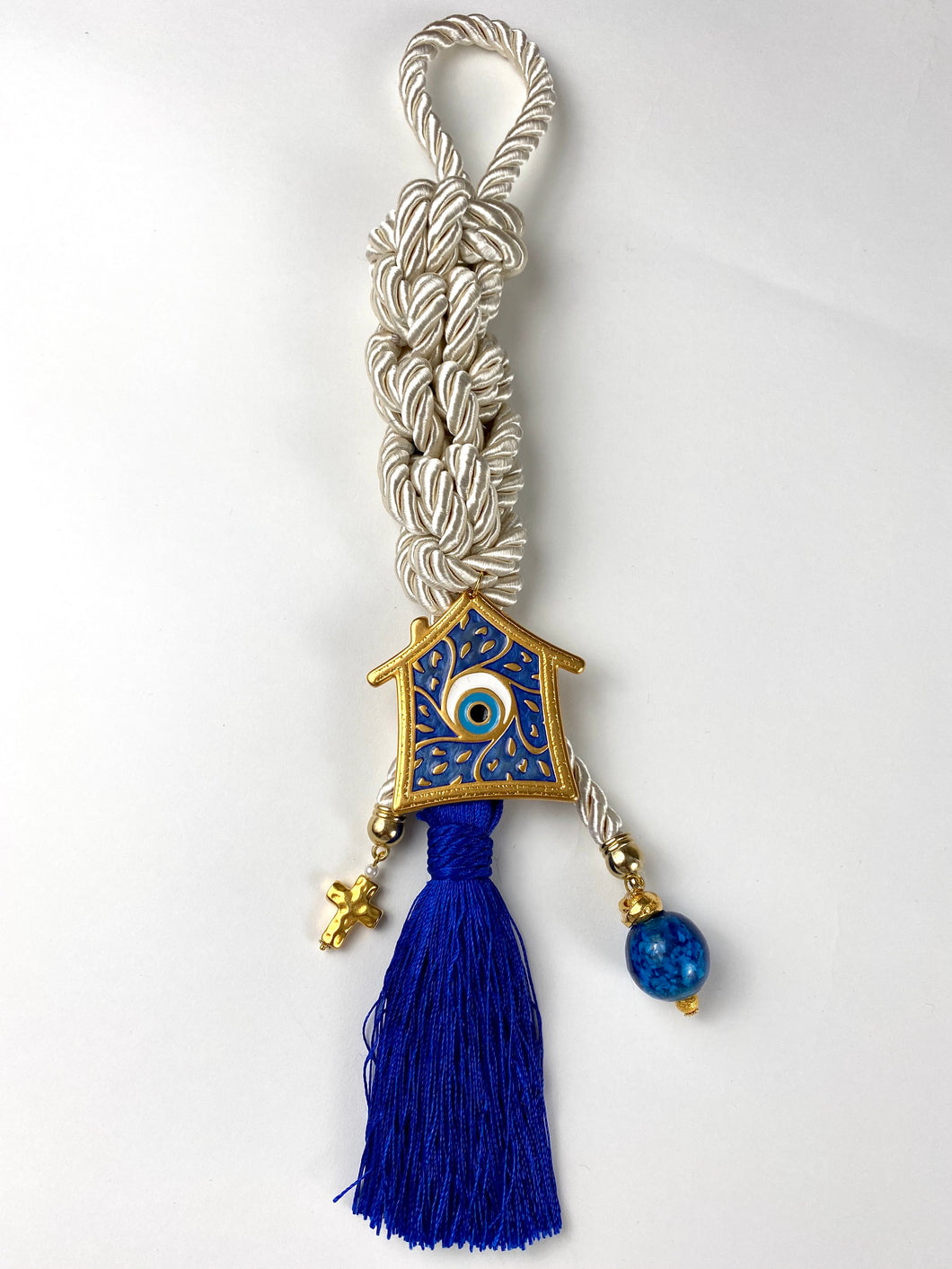 Gouri 1029 Pearl cord Gouri, metal Mati house, Murano glass beads, cross charm with large tassel. 15” in length