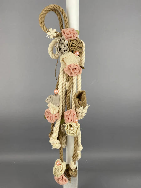 Thick Cord with Dusty Rose Flowers and Pearls Baptismal Candle GC202212
