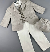 Load image into Gallery viewer, Rosies Collections 7pc full suit, Dress shirt trimmed with navy blue and cuff sleeves, Pants, Jacket with Matching Vest, Belt or Suspenders, Cap. Made in Greece exclusively for Rosies Collections S202334
