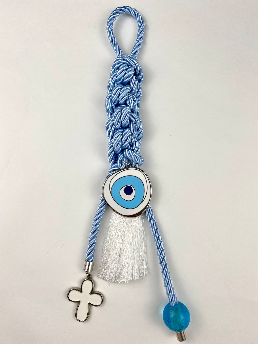 Gouri 202012 Baby Blue Cord, Large Metal Evil Eye, Large Cross with Large Murano Glass Bead
