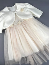 Load image into Gallery viewer, Dress 64 Girls Baptismal Christening Pale Dusty Rose Dress with Tail, Crochet Flowers and belt, matching Bolero and Hat. Made in Greece exclusively for Rosies Collections.
