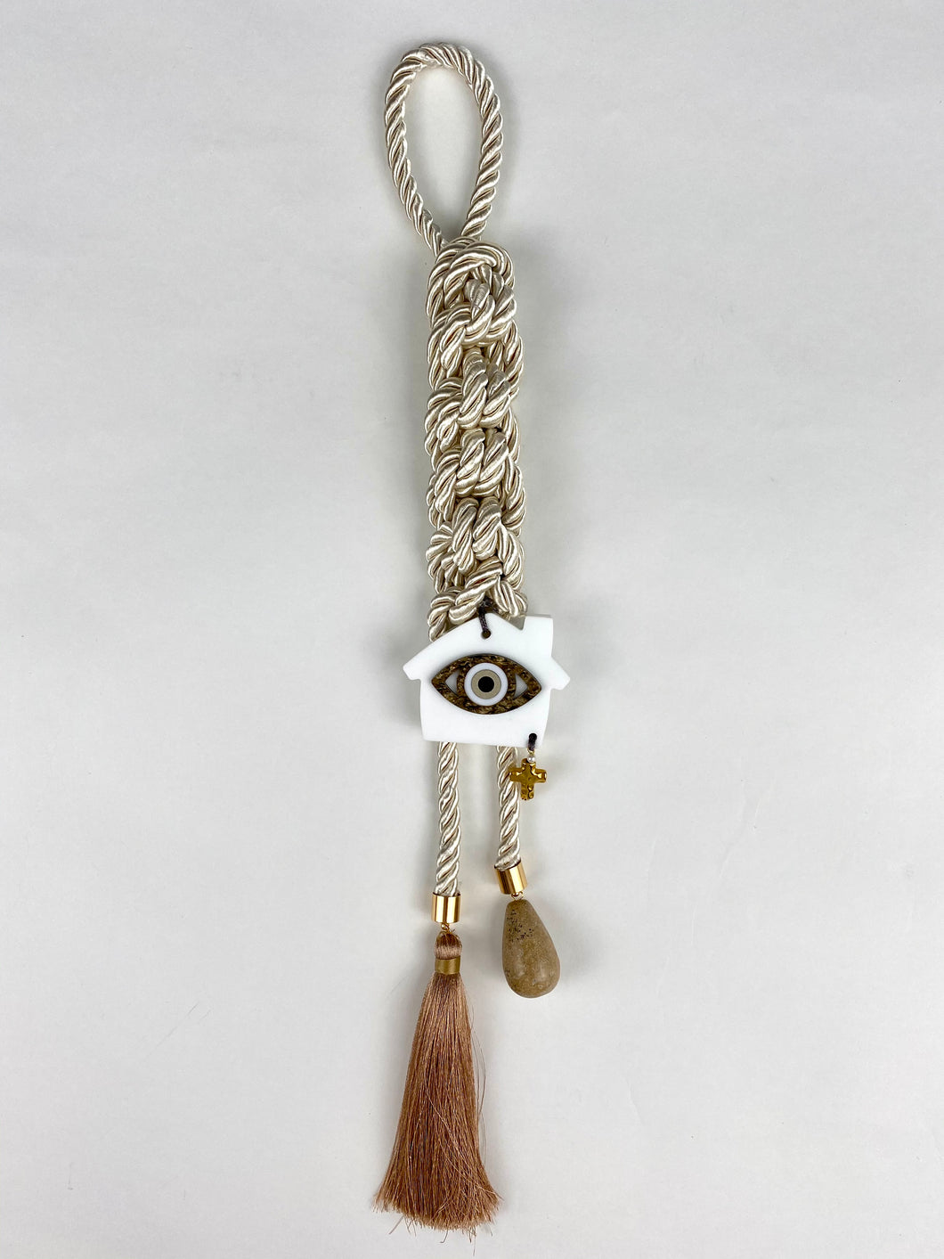 Gouri 202011 Ivory Pearl Cord, Evil Eye Acrylic House, Cross Charm with large tassel and Marble Rock